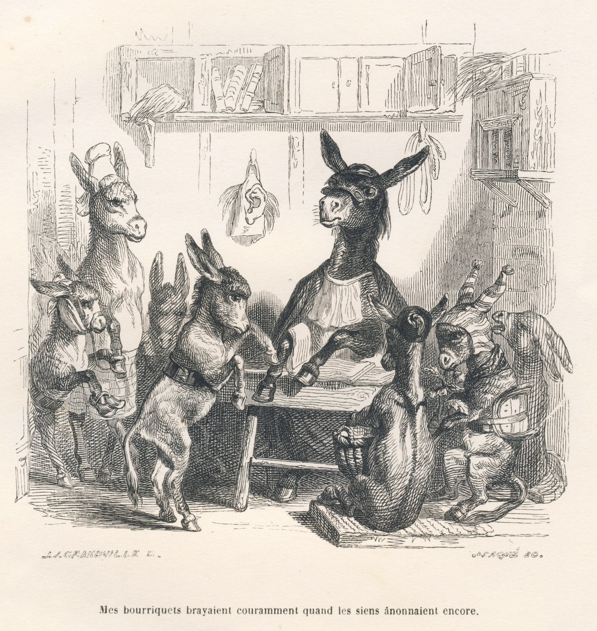 Esel in der Schule. Vignetten illustriert von JJ Granville. Gravur signiert Caque in dem Teil "Eselführer für Tiere, die zu Ehren gelangen wollen" geschrieben von Honore De Balzac in "Szenen aus dem privaten und öffentlichen Leben der Tiere". Paris von Grandville