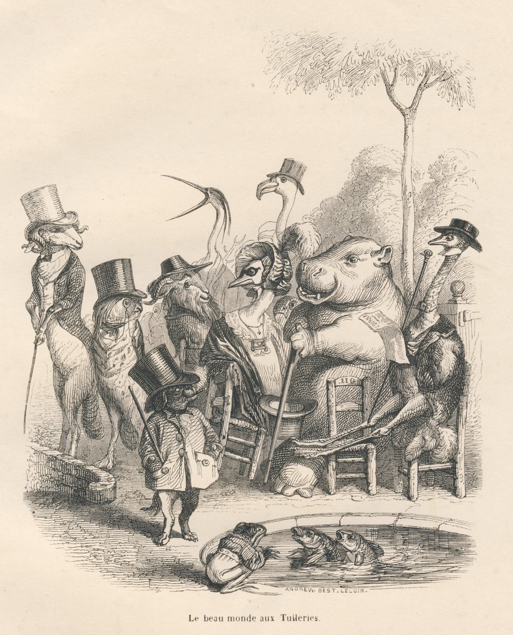 Tiere in eleganter Kleidung spazieren in den Tuilerien. Illustrierte Vignetten von JJ Granville. Gravur signiert Andrew, Best und Leloir im Teil "Geschichte eines Hasen" geschrieben von PJ Stahl in "Szenen aus dem privaten und öffentlichen Leben der Tiere" von Grandville