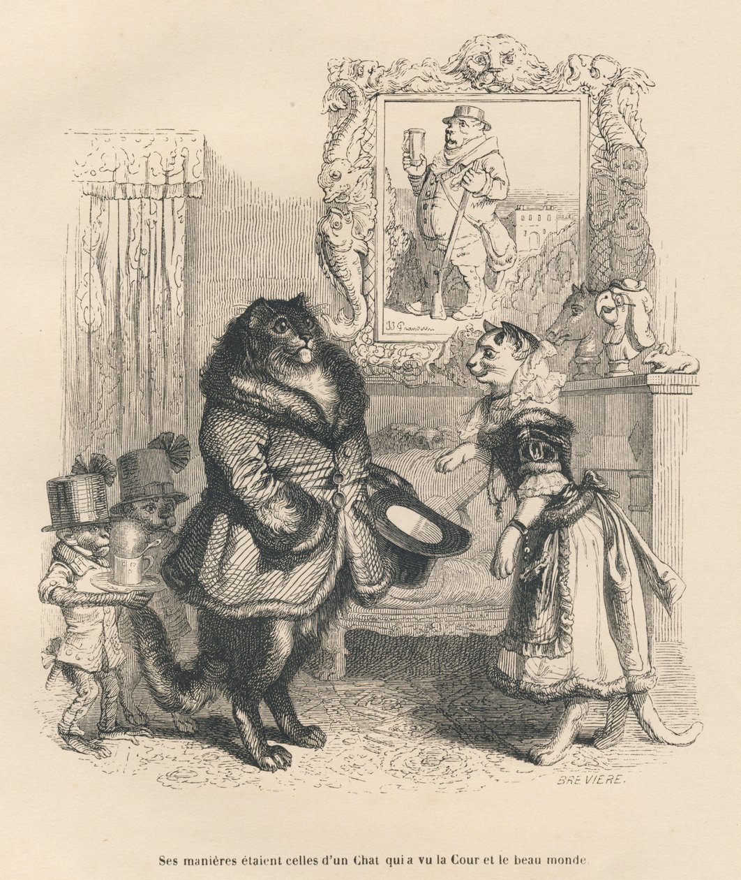 Katze des Hofes grüßt eine junge Katze. Vignetten illustriert von JJ Granville. Gravur signiert Breviere in der Partie "Peines de cour d