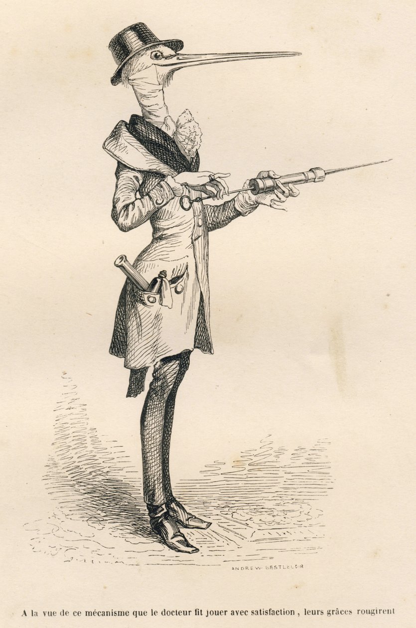 Storch als Arzt, der einen Klistier manipuliert. Vignetten illustriert von JJ Granville. Gravur signiert Andrew, Best und Leloir in der Partie "Peines de cour d
