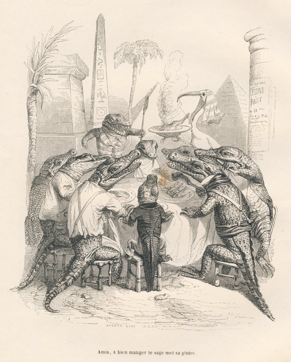 Krokodile um einen Tisch in Ägypten. Gravur signiert Andrew, Best und Leloir in "Memoires d