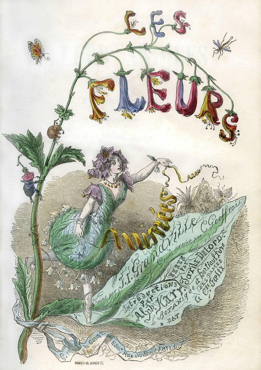 Frontispiz des Buches „Les Fleurs animées“, illustriert von Grandville, kolorierte Gravur mit Schablone. Gonet Edition 1857 von Grandville (1803 47)