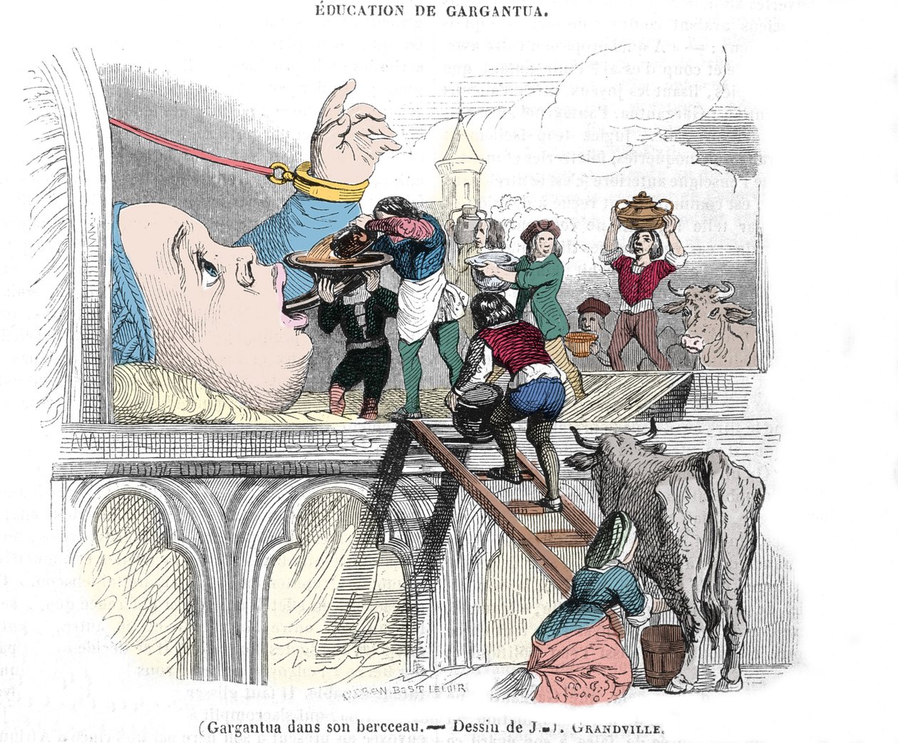 Gargantua, Figur aus den Romanen von Francois Rabelais (1483-1553), französischer Schriftsteller: „Die Erziehung von Gargantua“ Gargantua in seiner Wiege. Illustration von Gerard Grandville (1803-1847) 19. Jahrhundert von Grandville