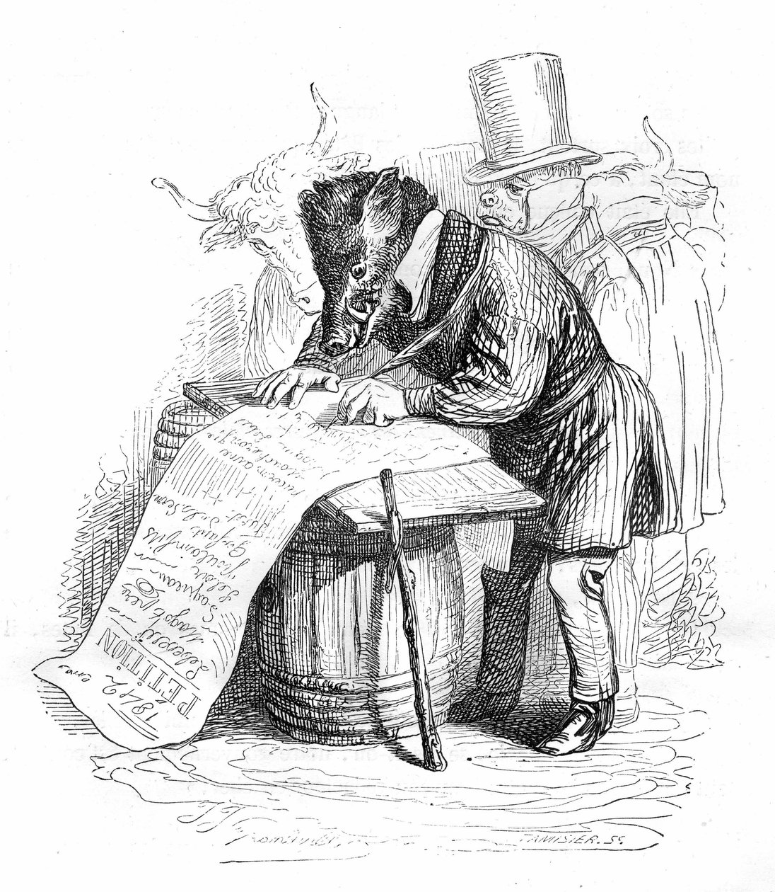 Grandville-Gravur aus dem Buch „Privates und öffentliches Leben der Tiere“ (Les animaux peints par eux-mêmes), Hetzel-Ausgabe 1867 - Karikatur: Wildschwein schreibt eine Petition. von Grandville (1803 47)