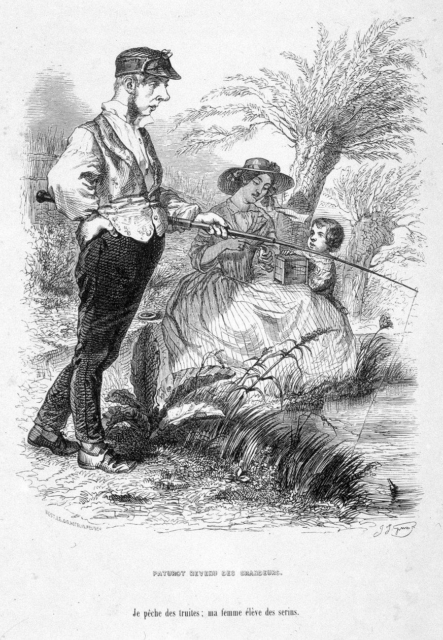 Jérôme Paturot gibt seine Ideen von Größe auf, angelt, während seine Frau sich um ihr Kind kümmert. Karikatur in „Jérôme Paturot auf der Suche nach einer sozialen Position“ von Louis Reybaud von Grandville