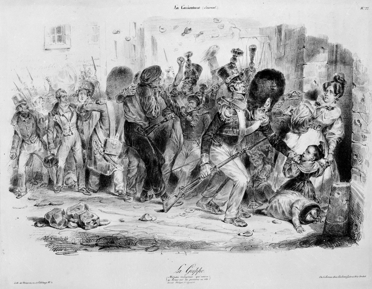 La Flu (Influenza): ansteckende Krankheit, die 1831 in Paris wütete - Gravur von Grandville in „La caricature“ von Grandville