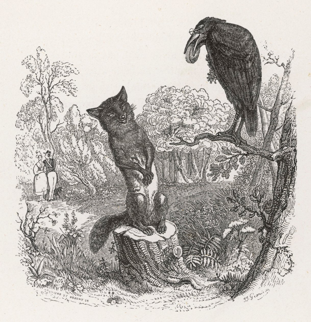 La Fontaines Fabel: Der Rabe und der Fuchs, ca. 1860 von Grandville (1803 47)