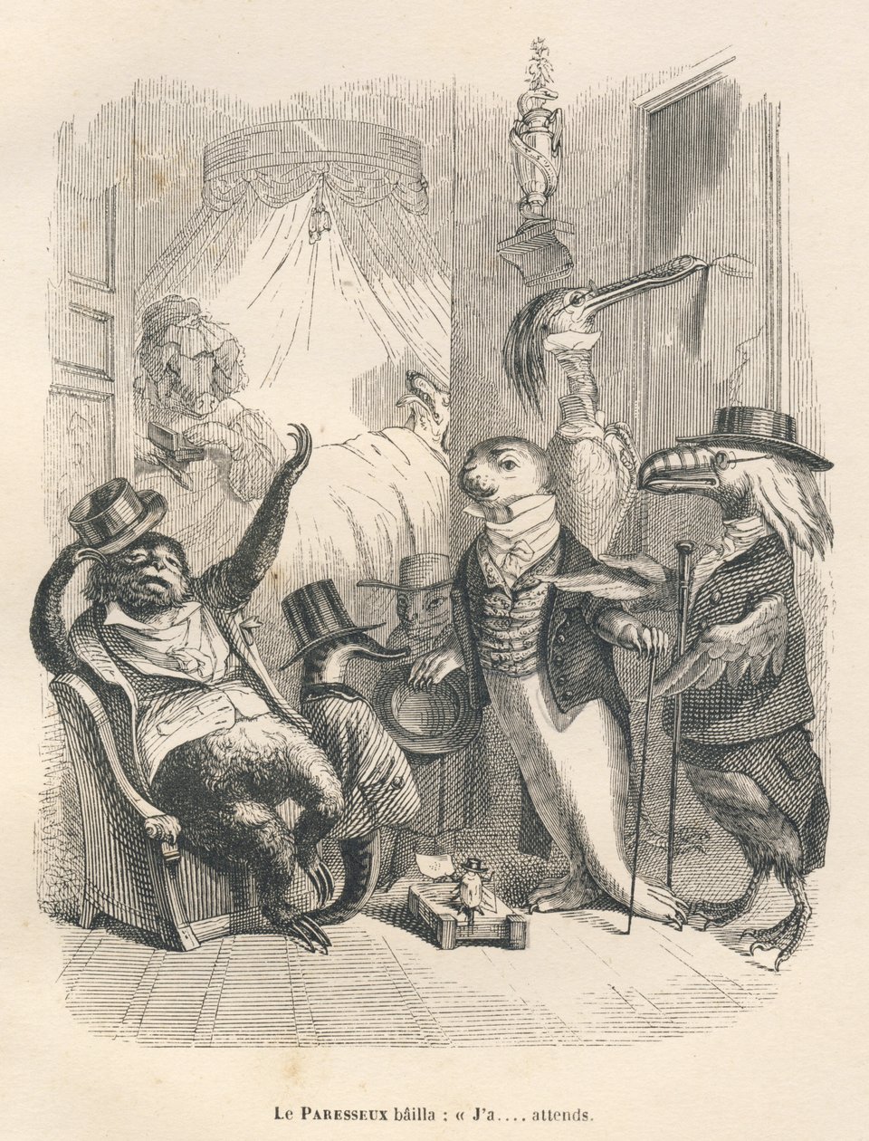 Der faule Gähner, der wartet. Illustrierte Vignetten von JJ Granville. Gravur signiert Godard im Teil "Die tierischen Ärzte" geschrieben von Pierre Bernard in "Szenen aus dem privaten und öffentlichen Leben der Tiere". Paris, J. Hetzel et Paulin von Grandville