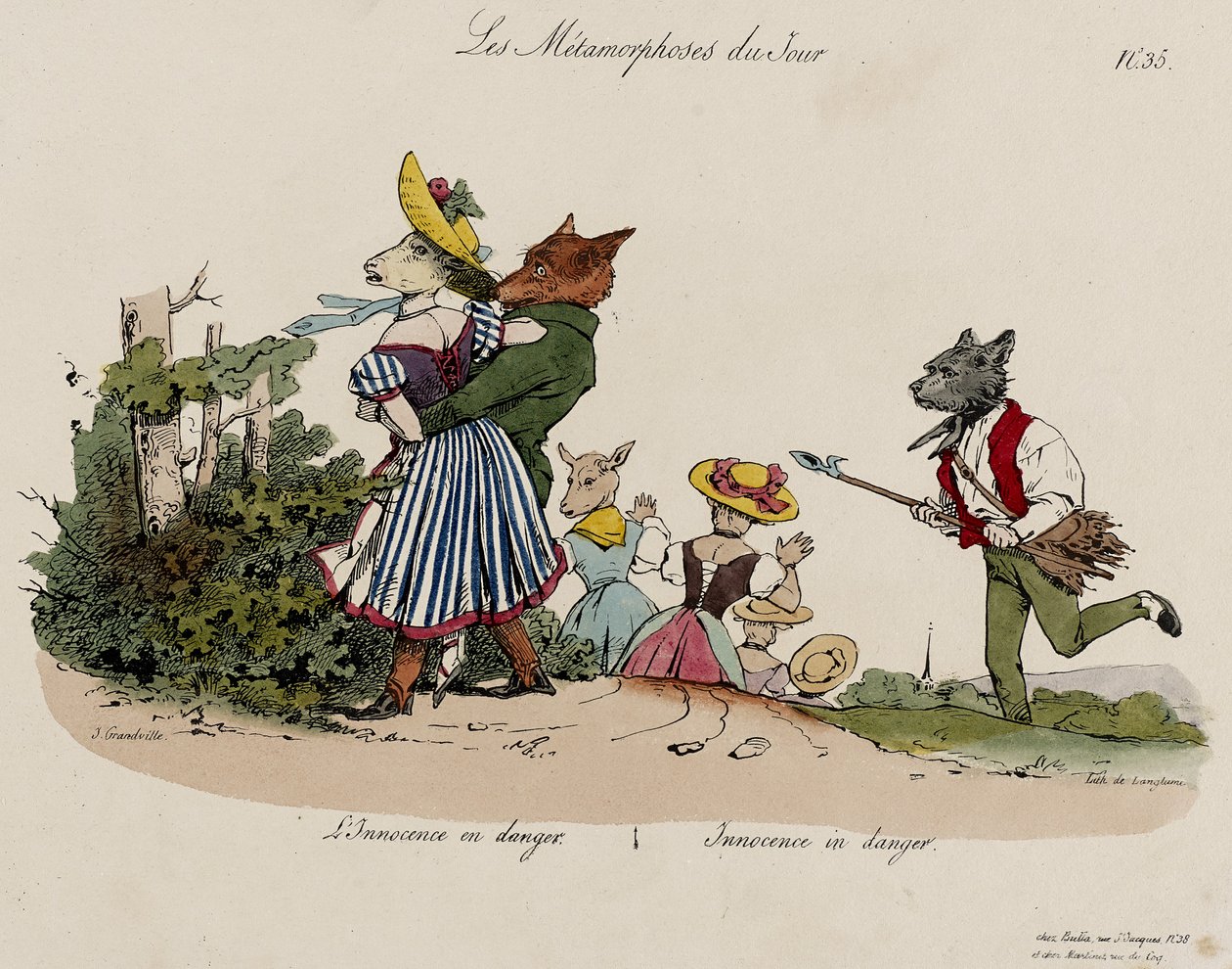 Les Metamorphoses du Jour, Nr. 35 (handkolorierte Lithografie) von Grandville
