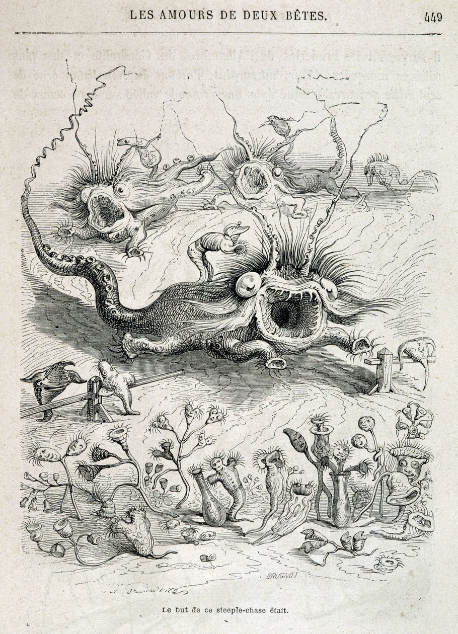 Die Lieben zweier Tiere (Hindernisrennen der Monster) - in „Tiere, die sich selbst gemalt haben: privates und öffentliches Leben der Tiere“ von Grandville, Kapitel von Honoré de Balzac, ed. Hetzel von Grandville