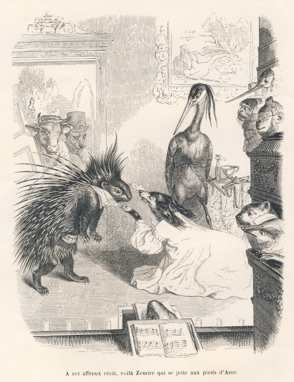 Oper mit einem Stachelschwein, einem Hund und einem Reiher auf der Bühne. Illustrierte Vignetten von JJ Granville. Gravur signiert Godard im Teil "Das erste Feuilleton von Pistolet" geschrieben von Jules Janin in "Szenen aus dem privaten und öffentlichen L von Grandville