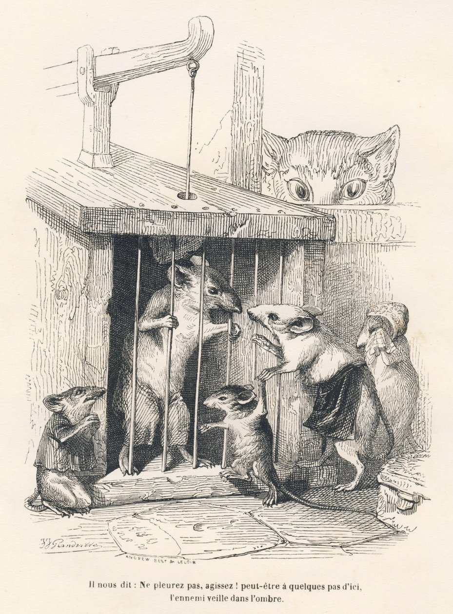 Falle: Katze lauert auf Mäuse, die gekommen sind, um den Gefangenen zu betrauern. Vignetten illustriert von JJ Granville. Gravur signiert Andrew, Best und Leloir in dem Teil "Der philosophische Ratte" geschrieben von Edouard Lemoine in "Szenen aus dem priv von Grandville