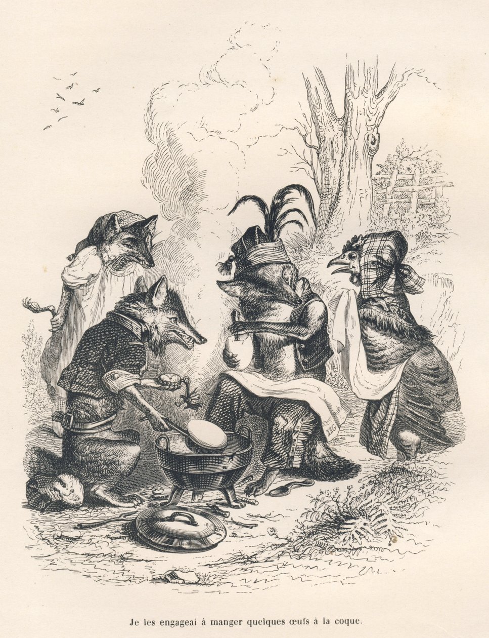 Füchse essen Eier vor einem weinenden Huhn. Vignetten illustriert von JJ Granville. Gravur signiert Godard im Teil "Ein Fuchs in der Falle" geschrieben von Charles Nodier in "Szenen aus dem privaten und öffentlichen Leben der Tiere" von Grandville