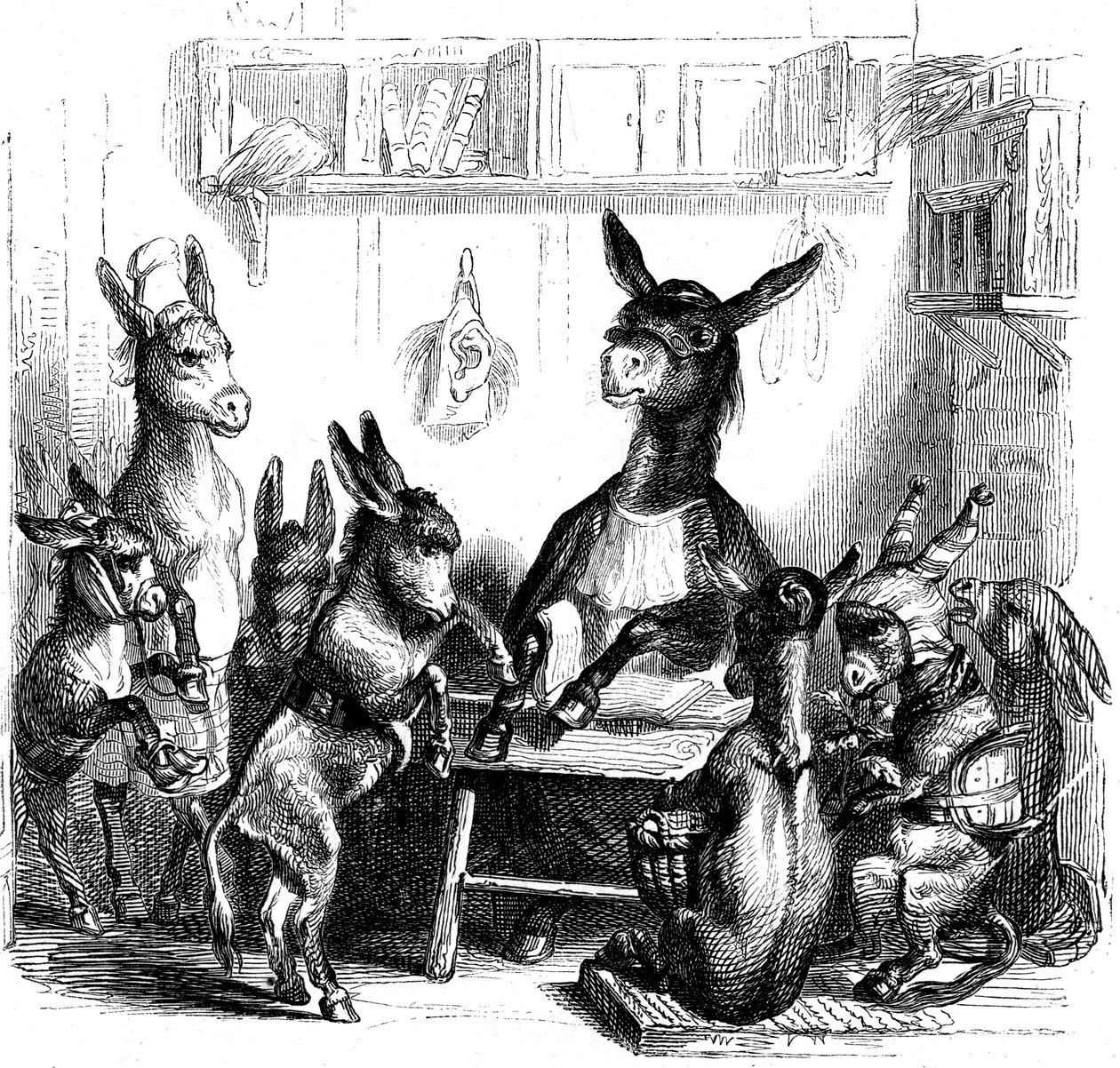 Szene aus "Les animaux peints par eux-memes - Vie privee et publique des animaux" geschrieben von Balzac von Grandville (1803 47)