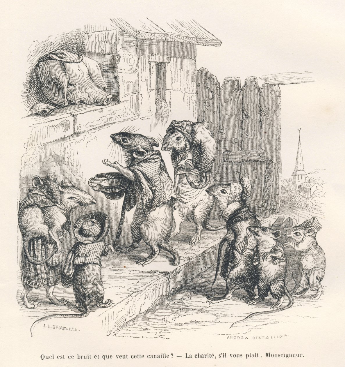 Maus spendet einem Schwein. Vignetten illustriert von JJ Granville. Gravur signiert Andrew, Best und Leloir im Teil "Der philosophische Ratte" geschrieben von Edouard Lemoine in "Szenen aus dem privaten und öffentlichen Leben der Tiere". Paris, J. Hetzel von Grandville