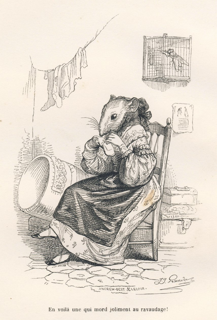 Maus repariert eine Socke. Vignetten illustriert von JJ Granville. Gravur signiert Andrew, Best und Leloir in dem Teil "Der philosophische Ratte" geschrieben von Edouard Lemoine in "Szenen aus dem privaten und öffentlichen Leben der Tiere". Paris, J. Hetze von Grandville