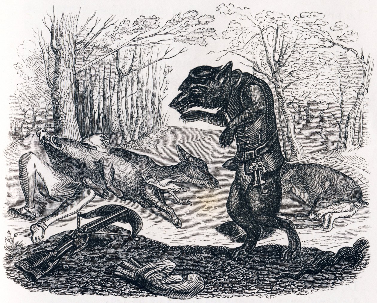 Der Wolf und der Jäger - Fabeln von La Fontaine von Grandville