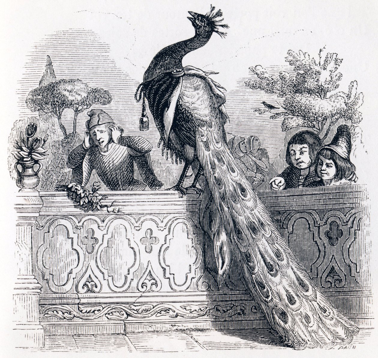 Der Pfau, der sich bei Juno beschwert - Fabeln von La Fontaine von Grandville