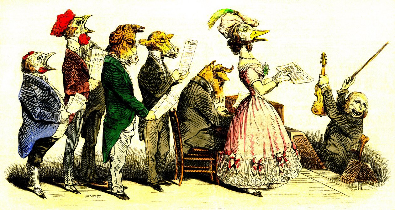Das Vokalkonzert - Chor: Sänger mit Tierköpfen und Chorleiter als Affe - Lithographie von Grandville (Jean Ignace Isidore Gerard 1808-1847) aus dem Buch „Les Metamorphoses du Jour“ 1828 von Grandville (1803 47)