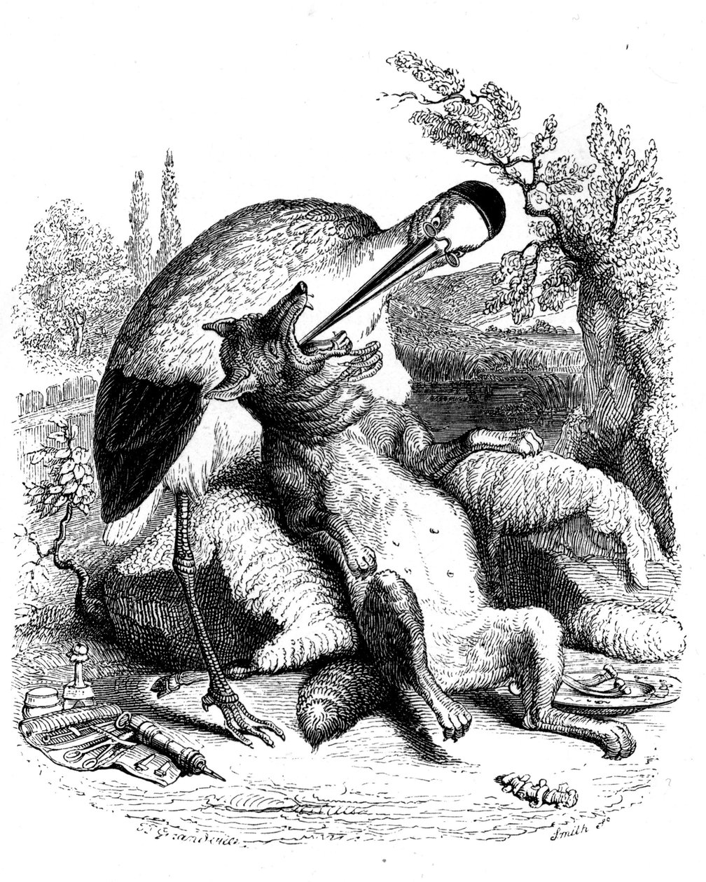 Der Wolf und der Storch: La Fontaine-Fabel illustriert von Grandville. Ausgabe Garnier 1860. Der Storch wird als Arzt dargestellt (schlechte Belohnung für seine Hingabe!). von Grandville (1803 47)