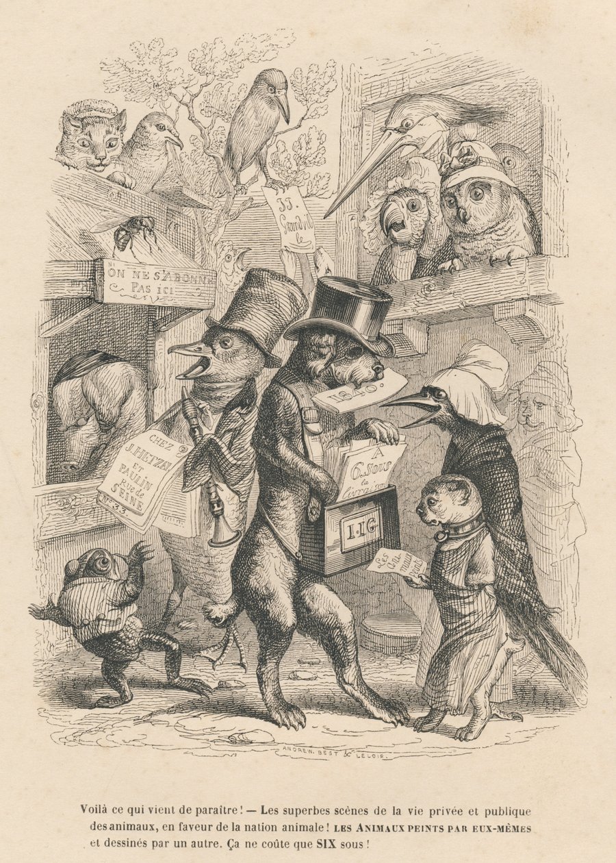 Hier ist, was gerade erschienen ist. Katze und Vogel verkaufen das vorliegende Buch für sechs Sous. Illustrierte Vignetten von JJ Granville. Gravur signiert Andrew, Best und Leloir im Prolog "Parlamentarische Zusammenfassung" geschrieben von PJ Stahl in "S von Grandville