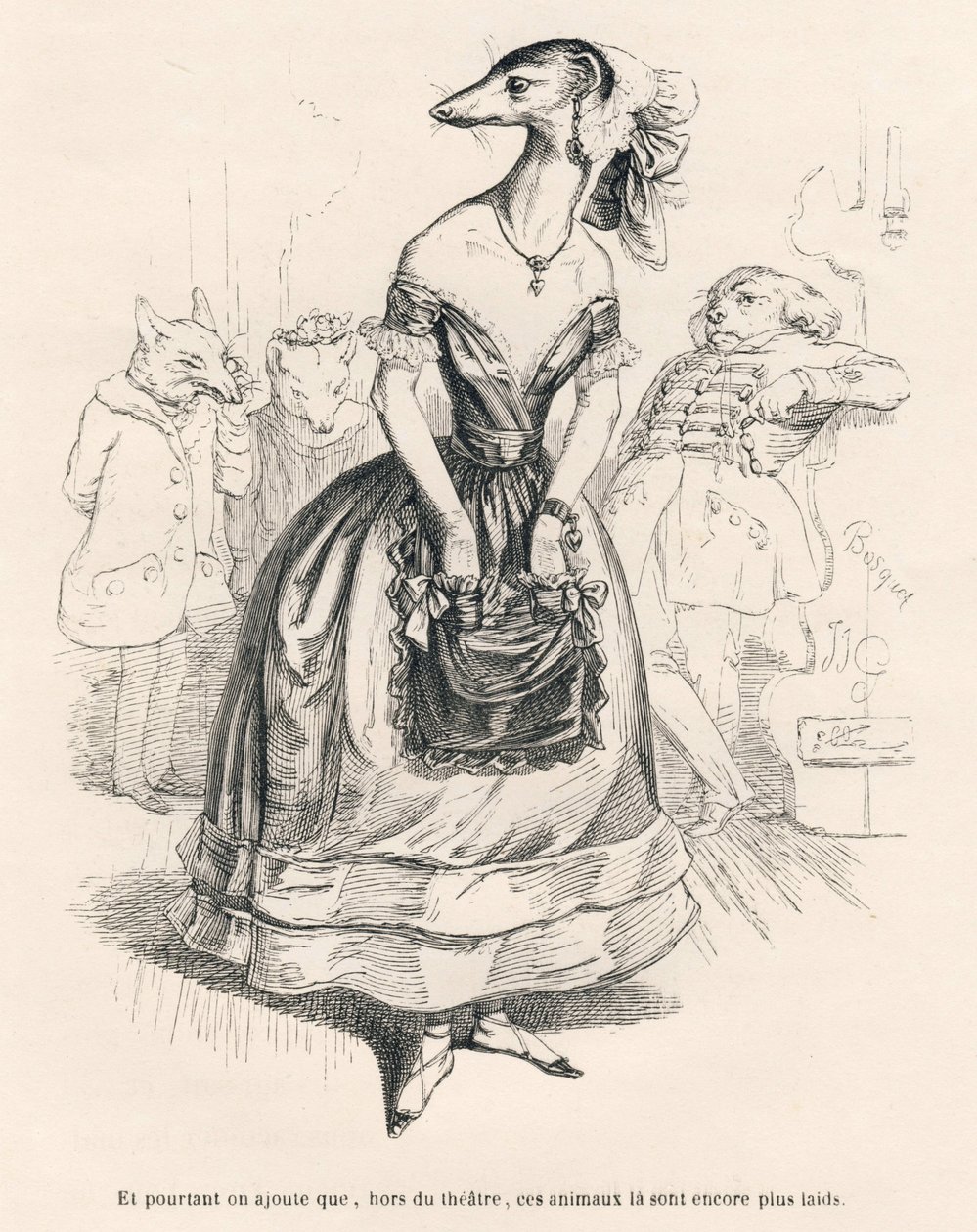 ... außerhalb des Theaters sind diese Tiere noch hässlicher. Illustrierte Vignetten von JJ Granville. Gravur signiert Godard im Teil "Das erste Feuilleton von Pistolet" geschrieben von Jules Janin in "Szenen aus dem privaten und öffentlichen Leben der Tier von Grandville