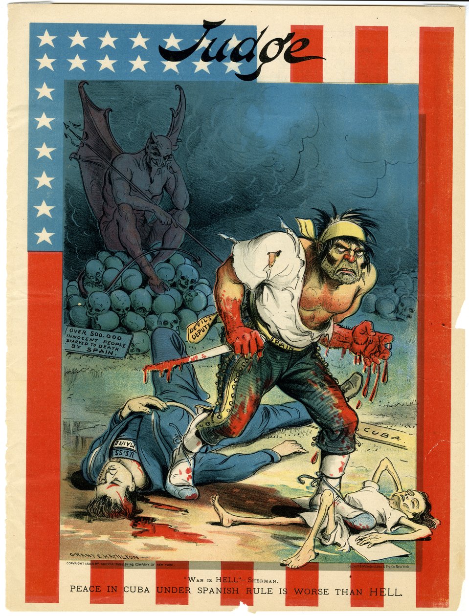 Krieg ist die Hölle - Sherman, Frieden in Kuba unter spanischer Herrschaft ist schlimmer als die Hölle, Illustration aus Judge, 30. April 1898 von Grant E. Hamilton