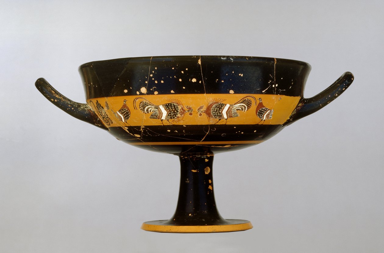 Attische schwarzfigurige Bandtasse, dekoriert mit einem Hahnenkampf, vom Tleson-Maler, aus Vulci, ca. 550-525 v. Chr. von Greek