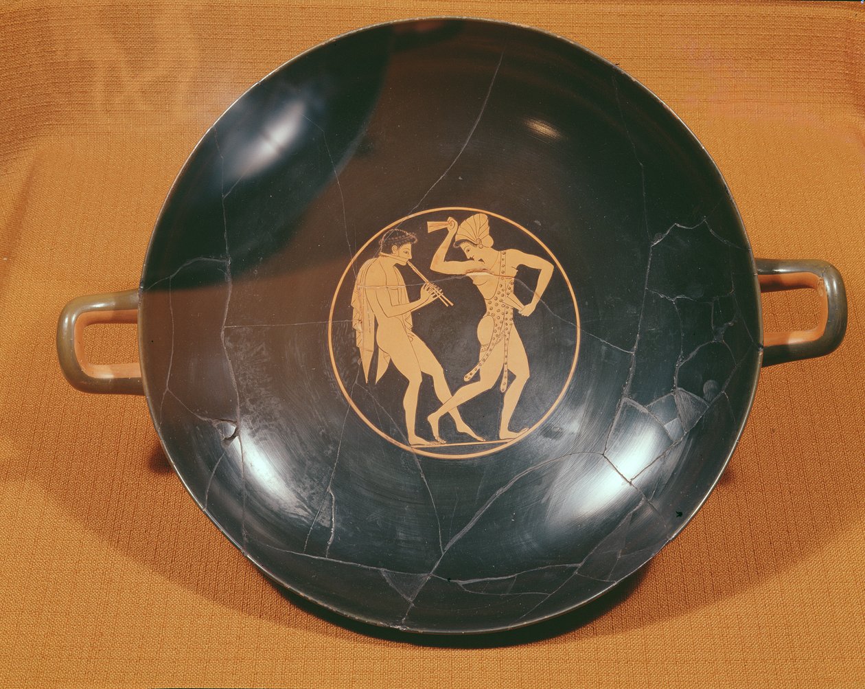 Kylix mit Darstellung eines Flötenspielers und eines Tänzers, ca. 520-10 (Keramik) von Greek