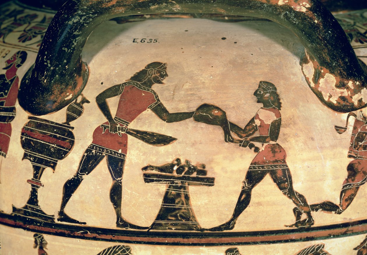Diener bereiten Essen für ein Symposium vor, Detail von einem frühkorinthischen schwarzfigurigen Säulenkrater, aus Cerveteri, ca. 600 v. Chr. (Detail) von Greek