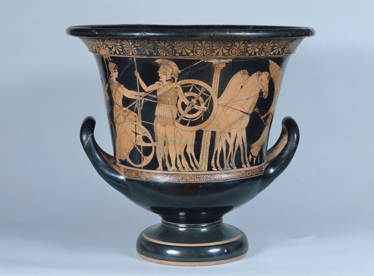 Attisch rotfiguriger Kalyx-Krater, der einen Hopliten zeigt, der in den Krieg zieht von Greek