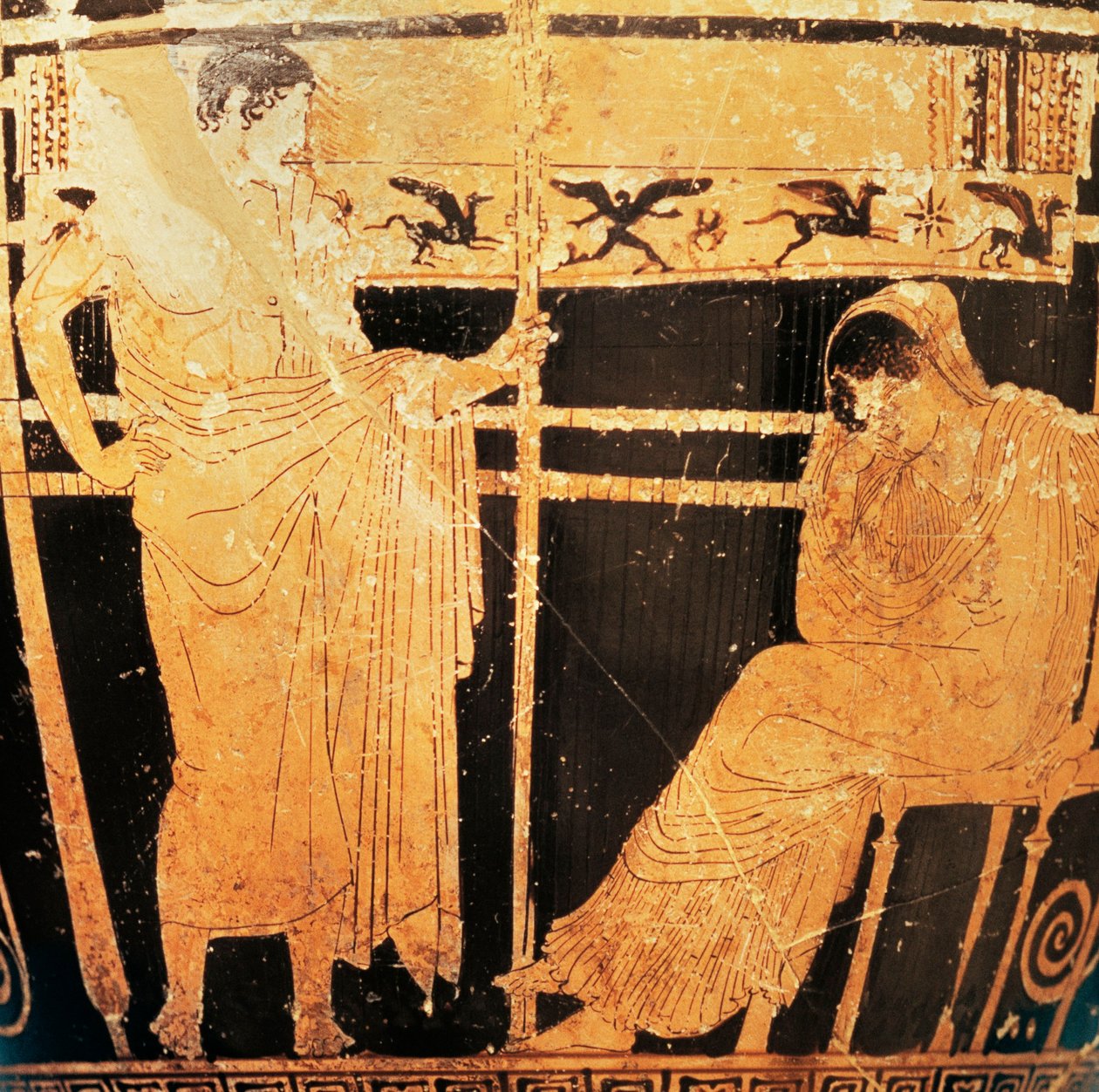 Attischer Skyphos des Thelemacus-Malers, der Penelope und Telemachus darstellt (rote Keramik) von Greek