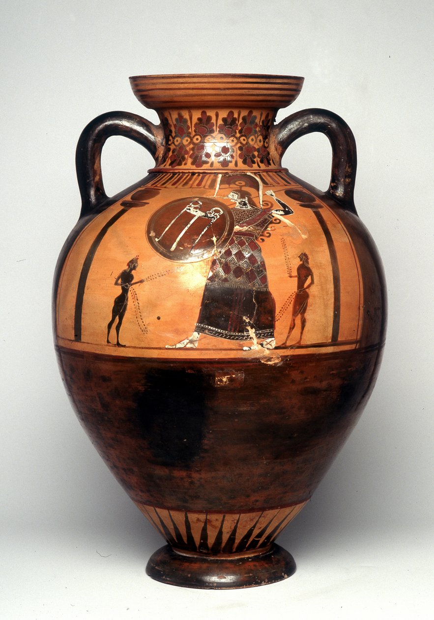 Schwarzfigurige Vase, die Athena zeigt, wie sie einen Schild und einen Speer schwingt, 550 v. Chr. (Keramik) von Greek