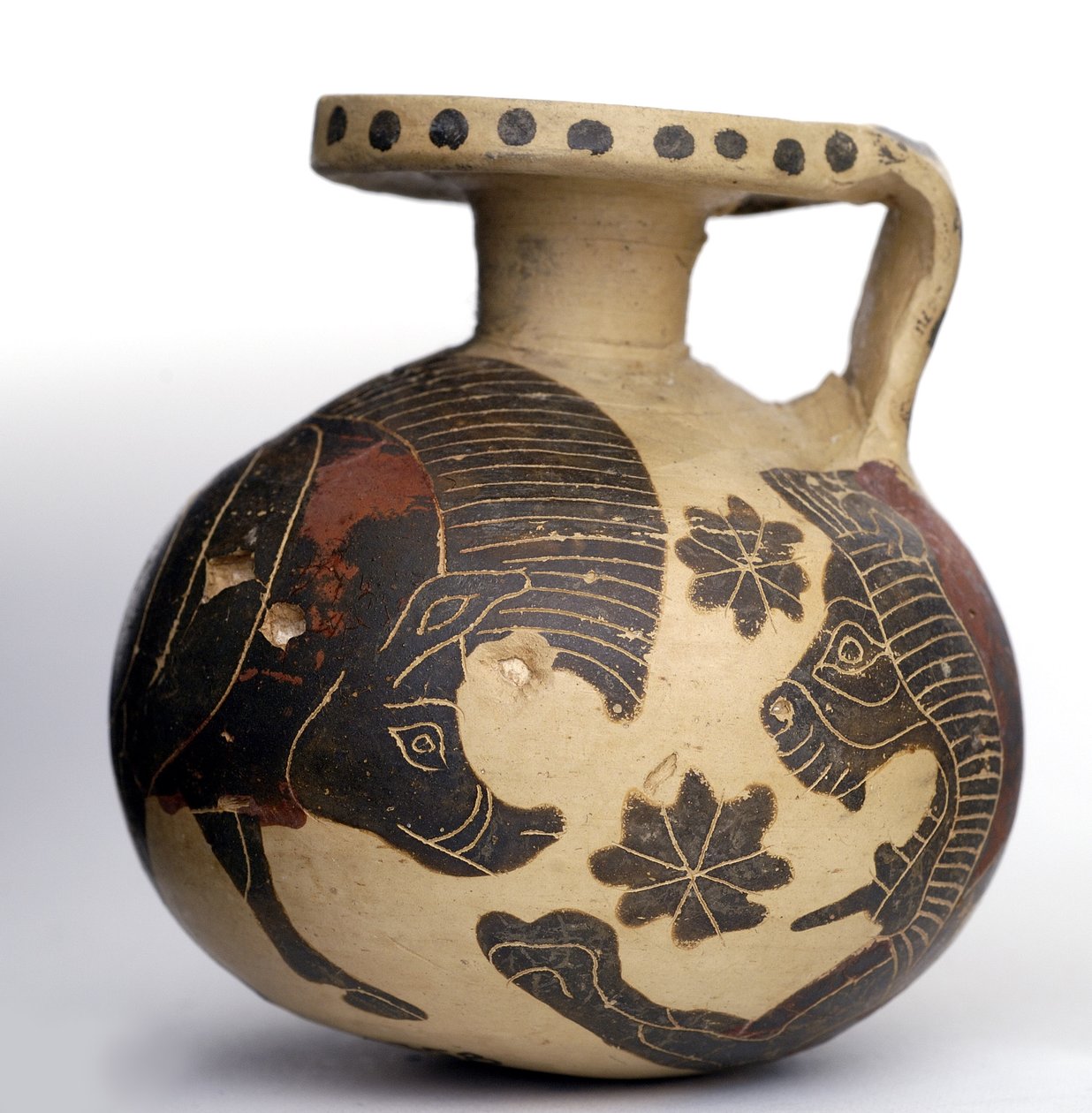 Korinthische schwarzfigurige kugelförmige Aryballos, die Tiere darstellt, Mittlere Korinthische Periode (600-575 v. Chr.) von Greek