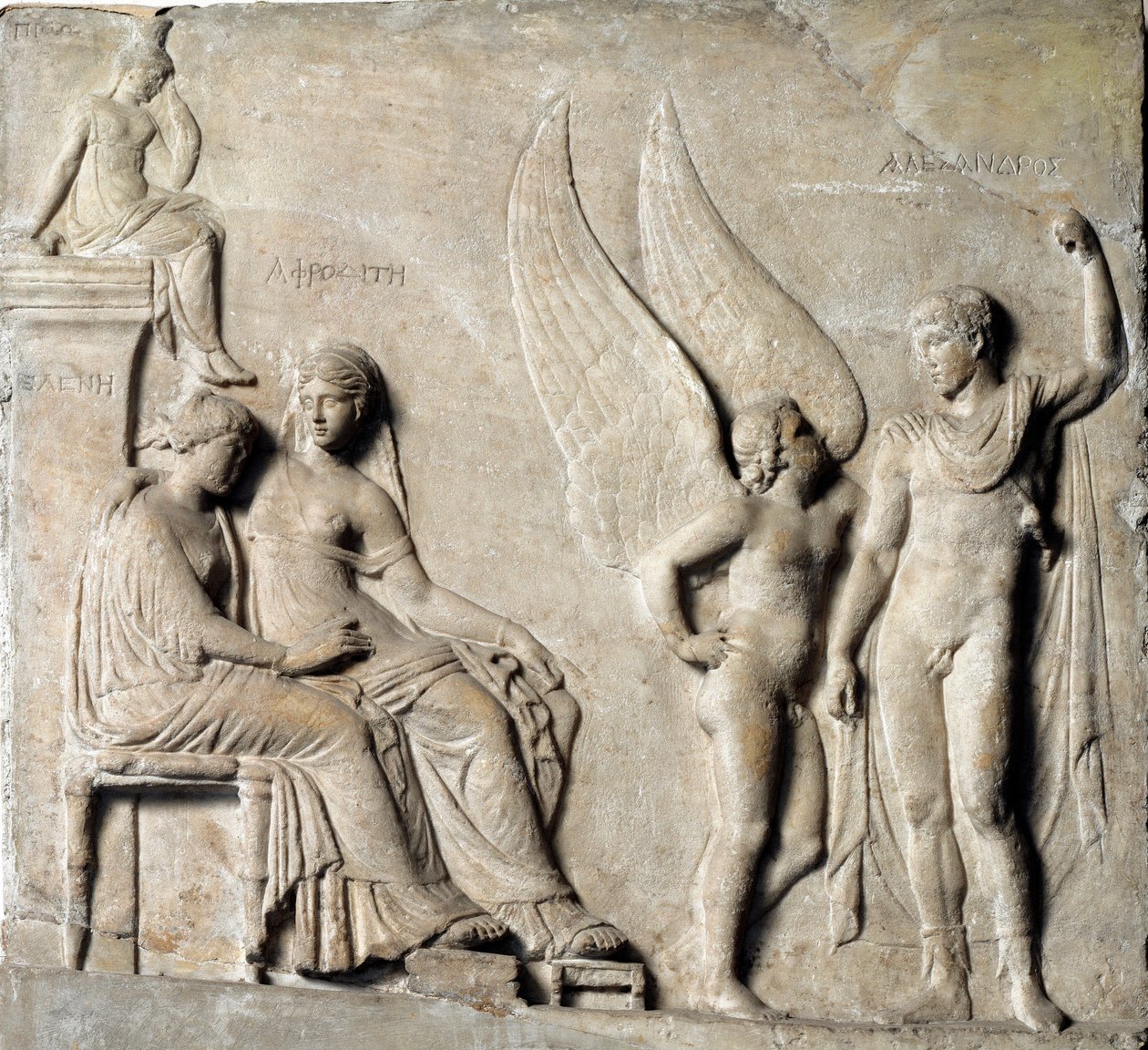 Griechische Kunst: „Der Prinz von Sparta Paris verführt Helena von Troja, Aphrodite ist dargestellt“ (Marmorrelief, 1. Jahrhundert v. Chr.) von Greek