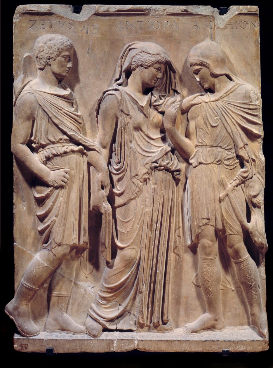 Griechische Antike: der Abschied von Orpheus von Eurydike, die Hermes zurück in die Unterwelt bringt. Die Inschrift mit den Namen Zethus, Antiope und Amphion stammt aus der Renaissance. Niedriges Marmorrelief. 480-323 v. Chr. von Greek
