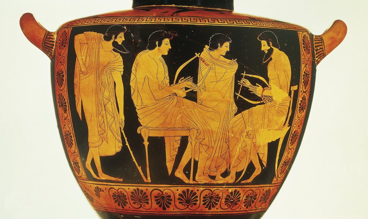 Rotfigurige Keramik, attische Hydria von Phintias, die eine Musikstunde darstellt von Greek