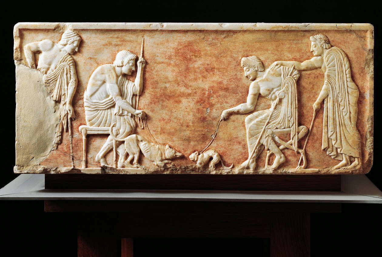 Stele, die einen Kampf zwischen Hund und Katze darstellt, 510 v. Chr. (Relief) von Greek