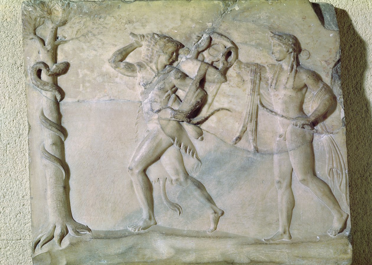 Tafel, die Herkules zeigt, wie er das delphische Dreibein vor Apollo entführt (Marmor) von Greek