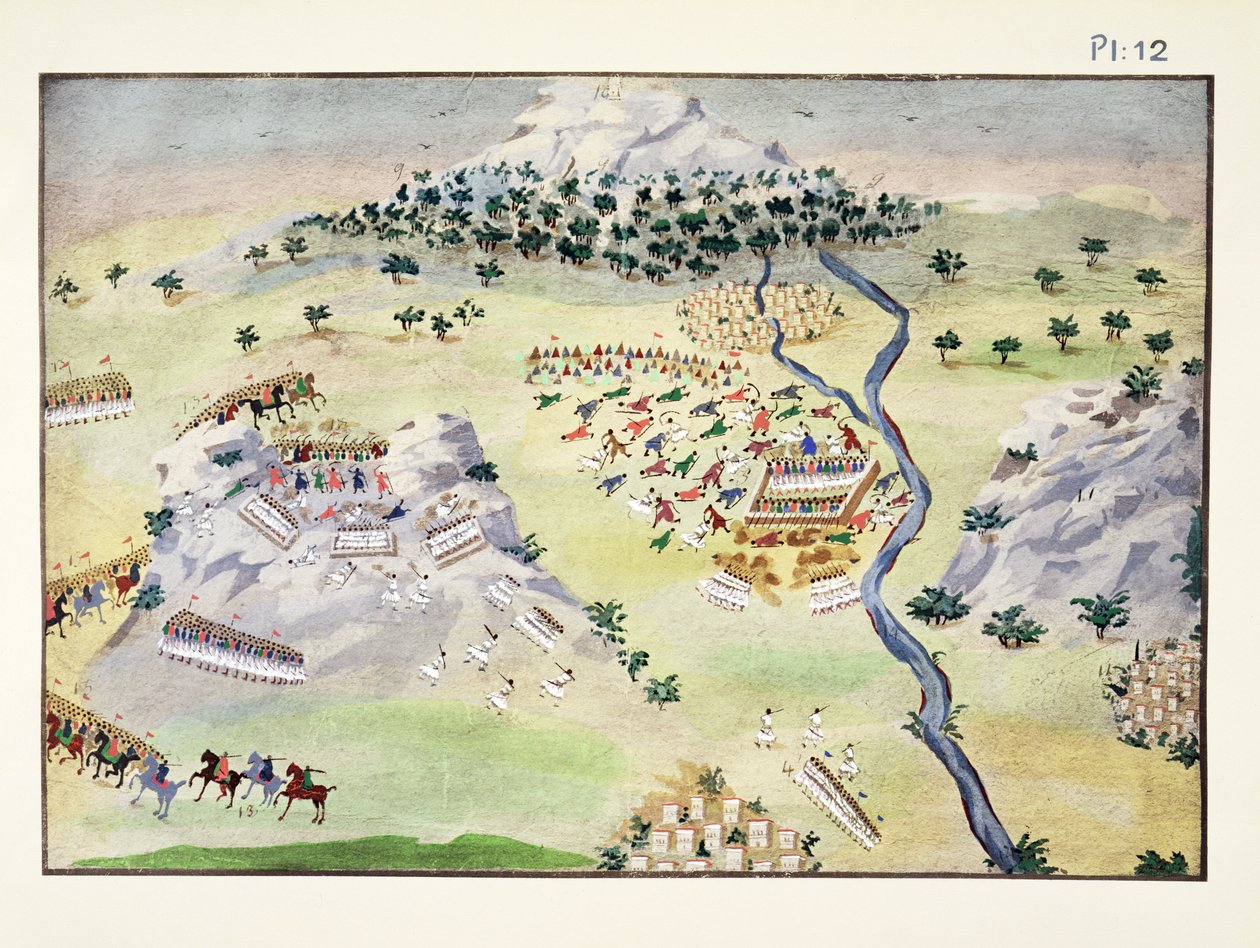 Schlachten zwischen Türken und Griechen bei Karpenisi und Kaliakouda, Tafel 12 aus Bildliche Geschichte des griechischen Unabhängigkeitskrieges von General Makryjannis von Greek School