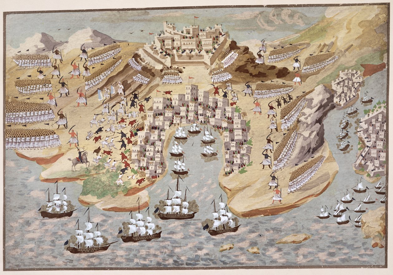 Vogelperspektive auf Westgriechenland, zentriert auf Vonitsa, aus der Bildgeschichte des griechischen Unabhängigkeitskrieges von Greek School