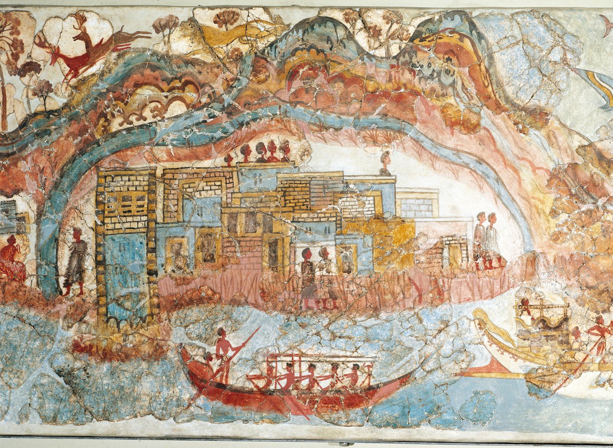 Fresko einer Schiffsprozession aus Akrotiri, Thera-Insel, Santorini, Griechenland (Detail) von Greek School