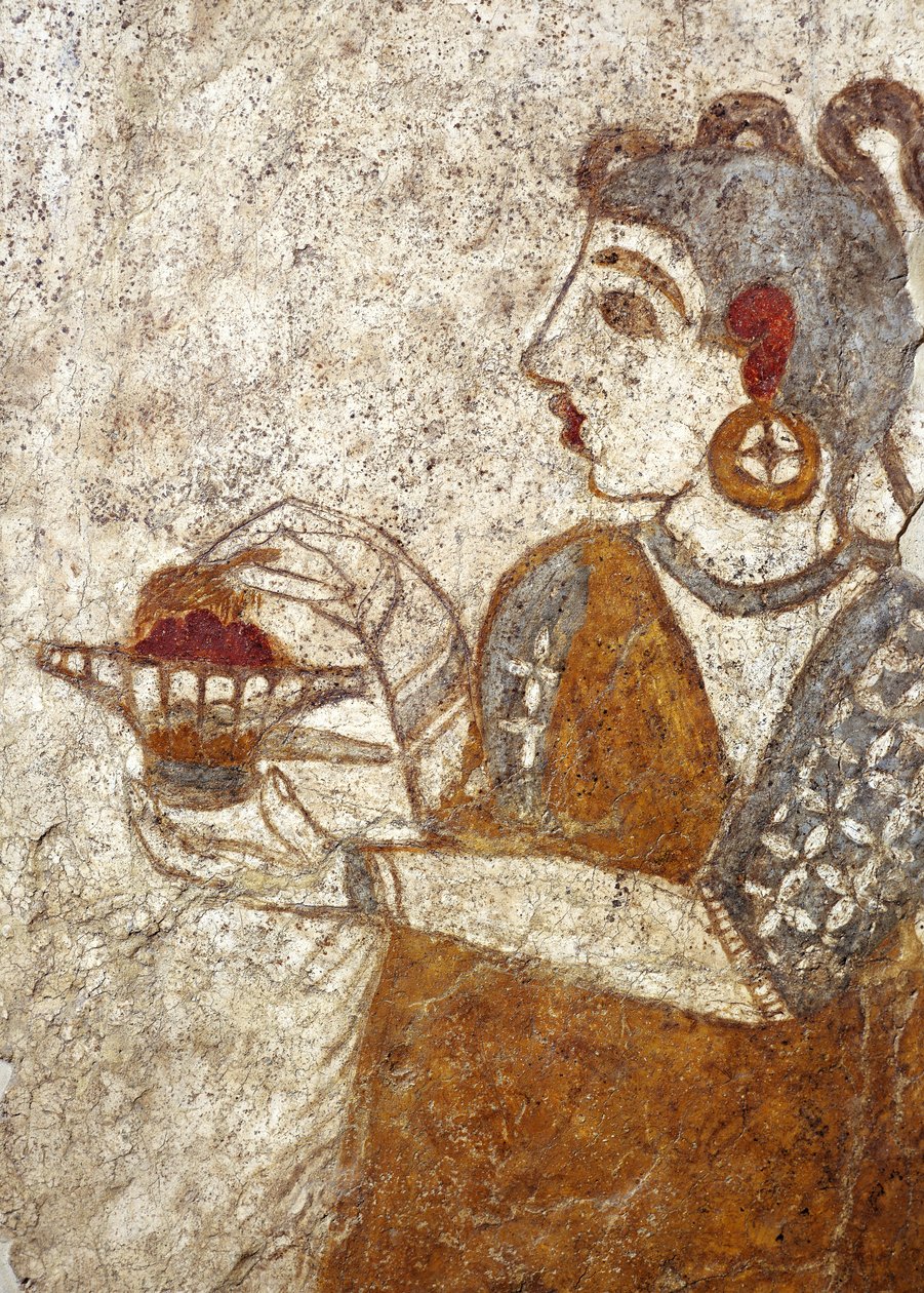 Griechische Zivilisation, Fresko, das eine Priesterin zeigt, die Weihrauch verbrennt, aus Akrotiri, Thera-Insel, Santorin, Griechenland von Greek School