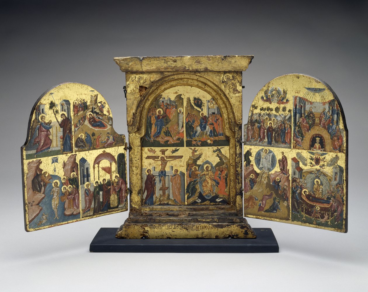 Auferweckung des Lazarus; Einzug in Jerusalem; Kreuzigung; Abstieg Christi in die Hölle (Mittelteil), zweite Hälfte des 16. Jahrhunderts von Greek School