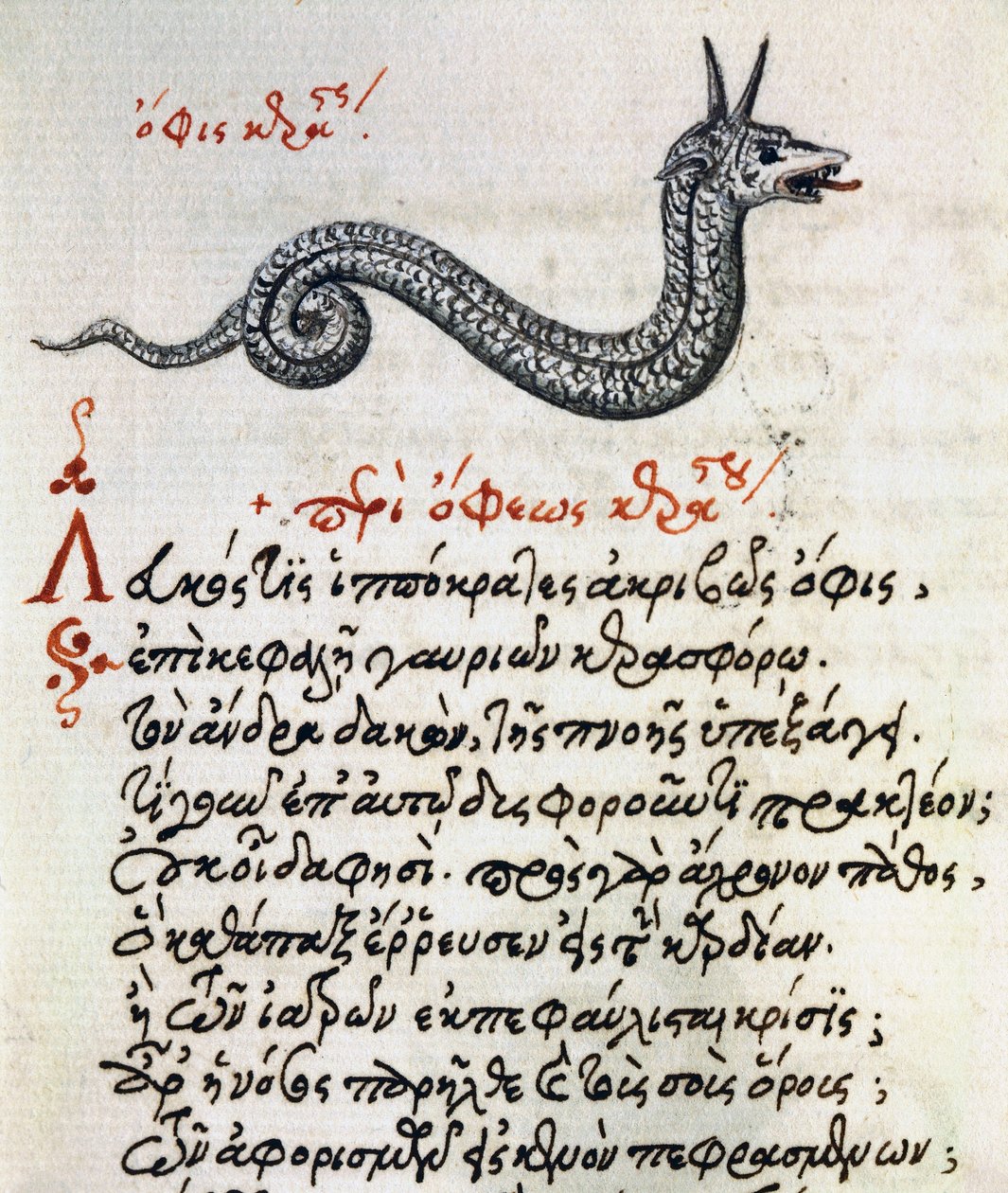 Abhandlung über den Basilisken, Test und Miniatur aus De animalium natura et proprietate libellus, von Aelianus von Greek School