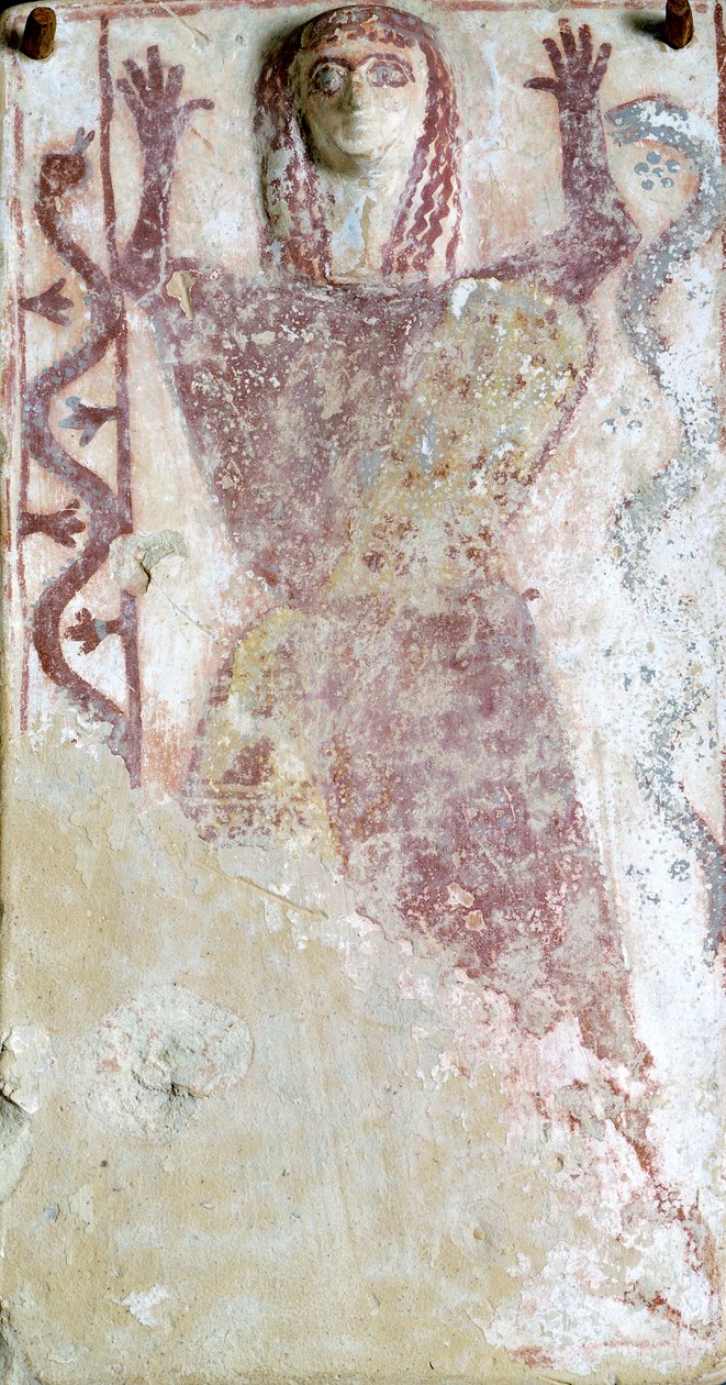 Polychrome Malerei auf Pinax und Relief, das eine weibliche Gottheit mit Schlange darstellt, aus der Agora von Athen, Griechenland, griechische Zivilisation, 7. Jahrhundert v. Chr. von Greek School