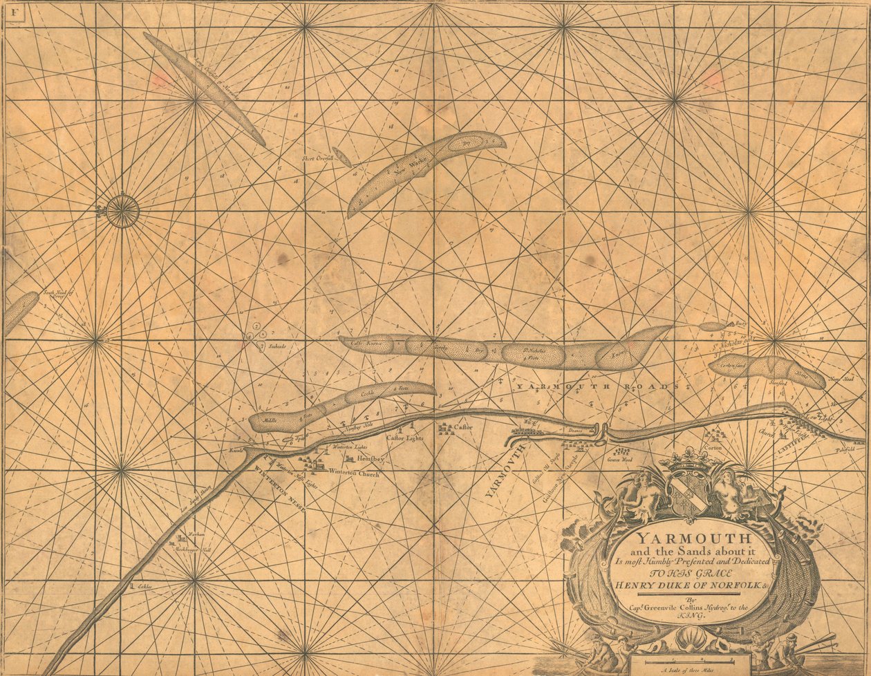 Karte von Yarmouth und den umliegenden Sandbänken, ca. 1700 von Greenvile Collins