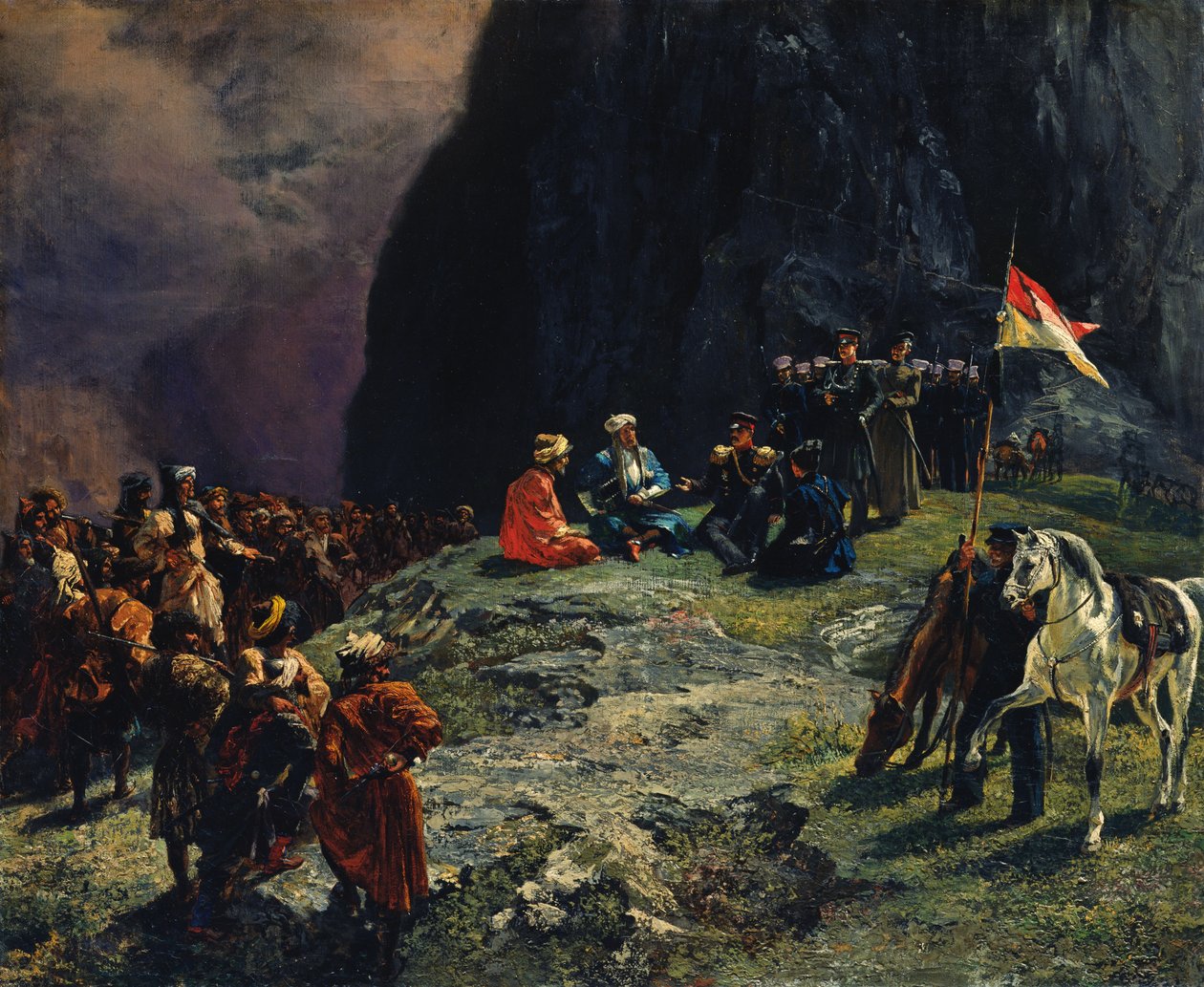 Das Treffen von General Kluke von Klugenau und Imam Shamil im Jahr 1837, 1849 von Grigori Grigorevich Gagarin