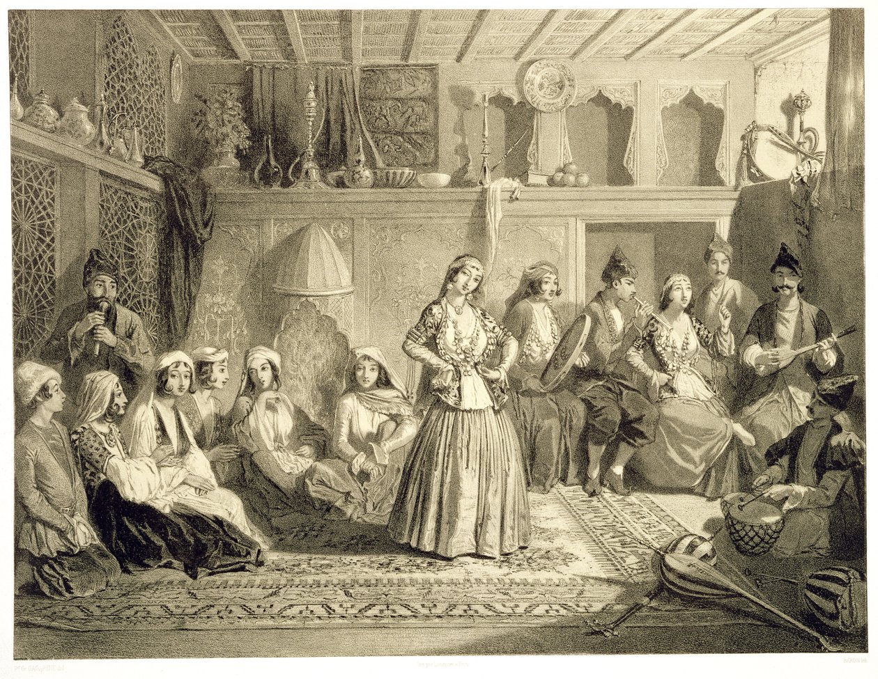 Ruheraum in der Nähe der Bäder von Shemakha, auf der Shirvanskaya Steppe, Tafel 40 aus einem Buch über den Kaukasus, graviert von Charles Claude Bachelier und Adolphe Bayot, veröffentlicht von Alfred Leon Lemerci von Grigori Grigorevich Gagarin