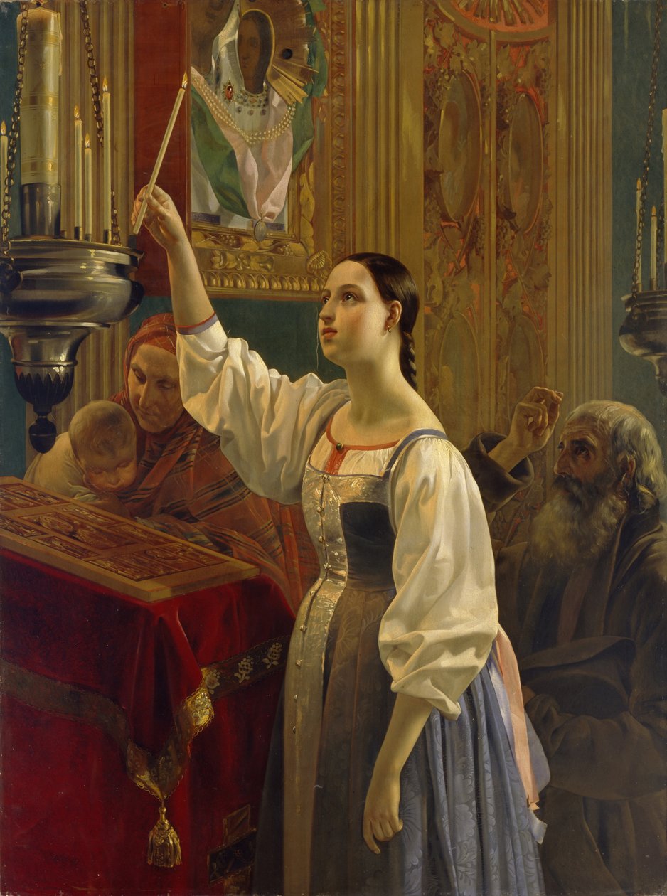 Ein Mädchen stellt eine Kerze vor das Ikone, 1842 von Grigori Karpovich Mikhaylov